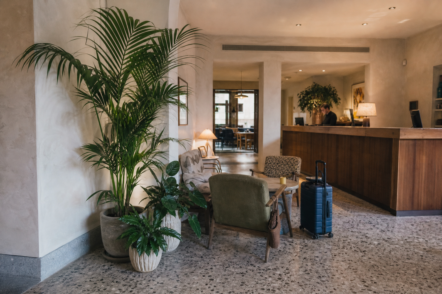 Artificial greenery in a naturally photographed boutique hotel reception