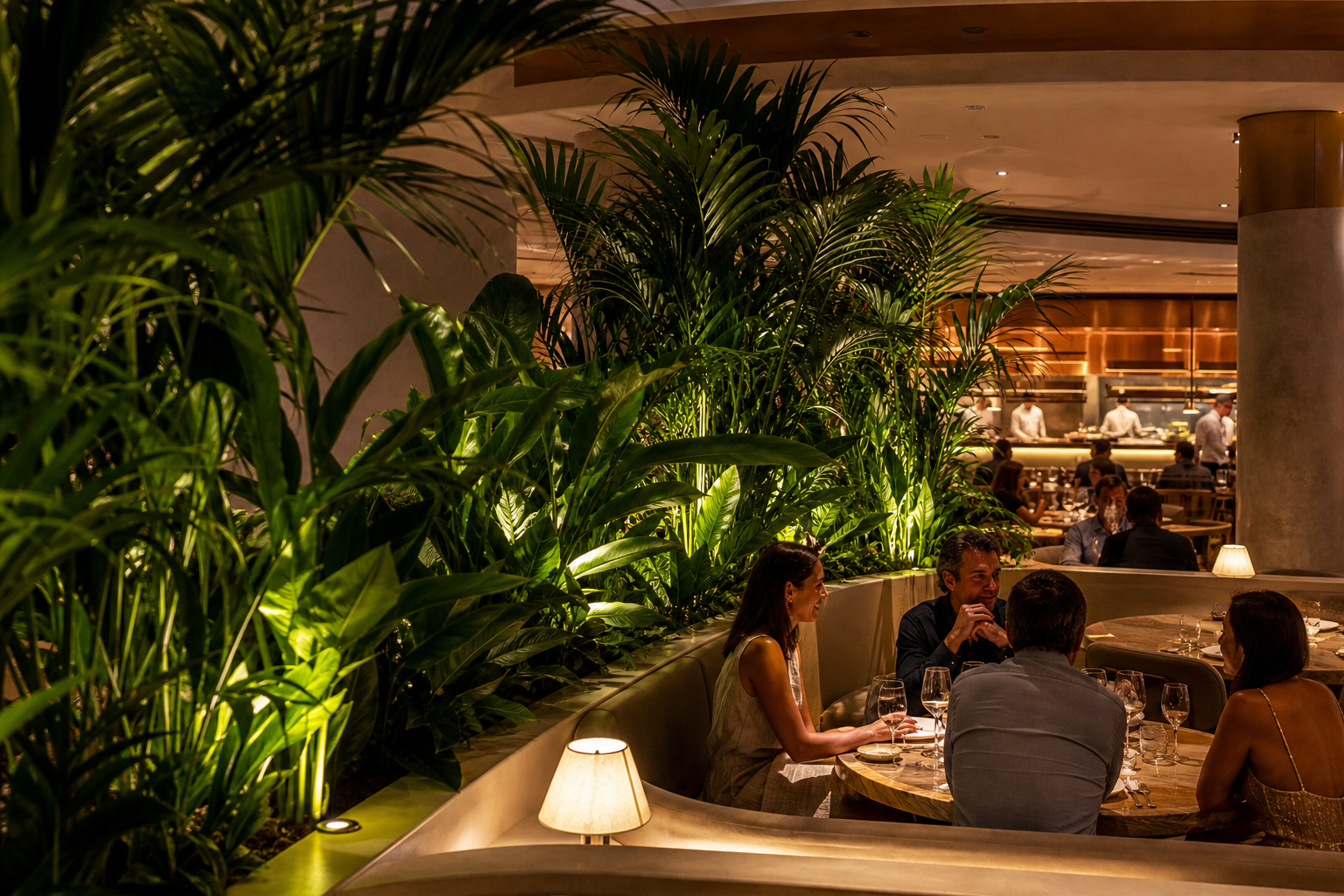 Artificial tropical greenery used as a restaurant seating divider