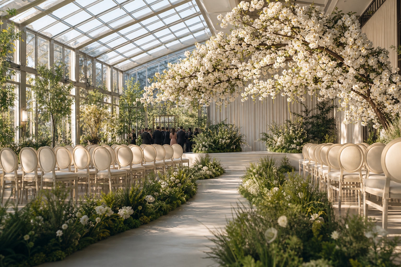 Artificial blossom canopy and aisle planting in a wedding venue