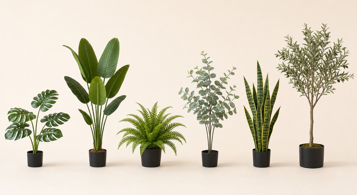 Medium artificial potted greenery lineup including monstera, bird of paradise, fern, eucalyptus, snake plant and olive