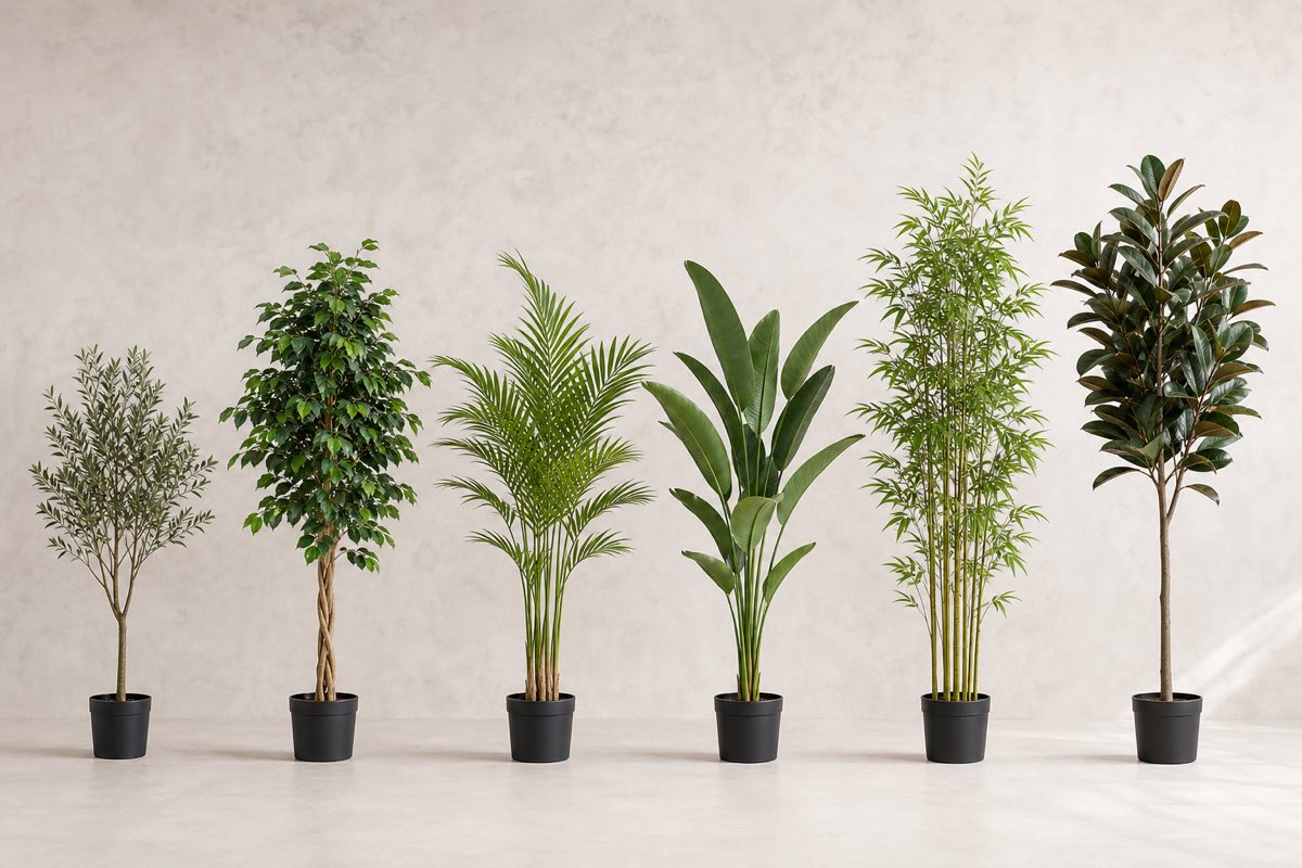 Artificial indoor floor tree lineup including olive, ficus, palm, bird of paradise, bamboo and rubber tree