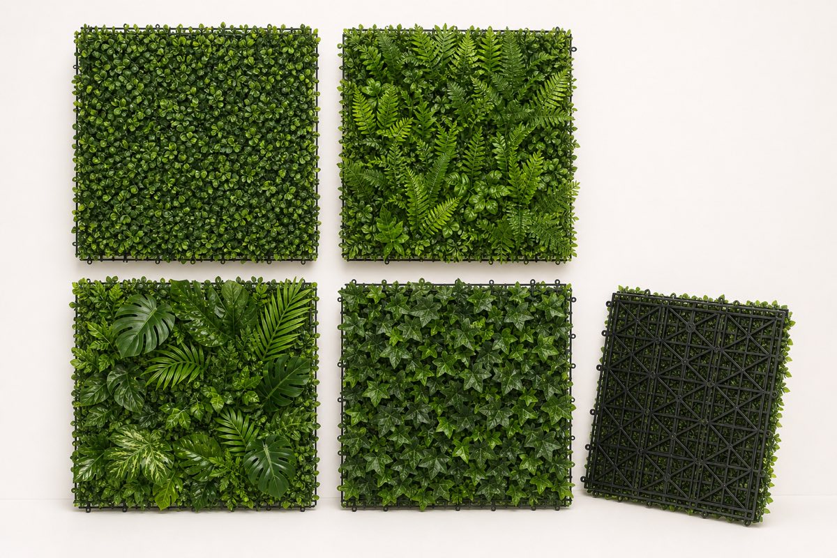 Artificial green wall panel styles arranged for B2B project selection