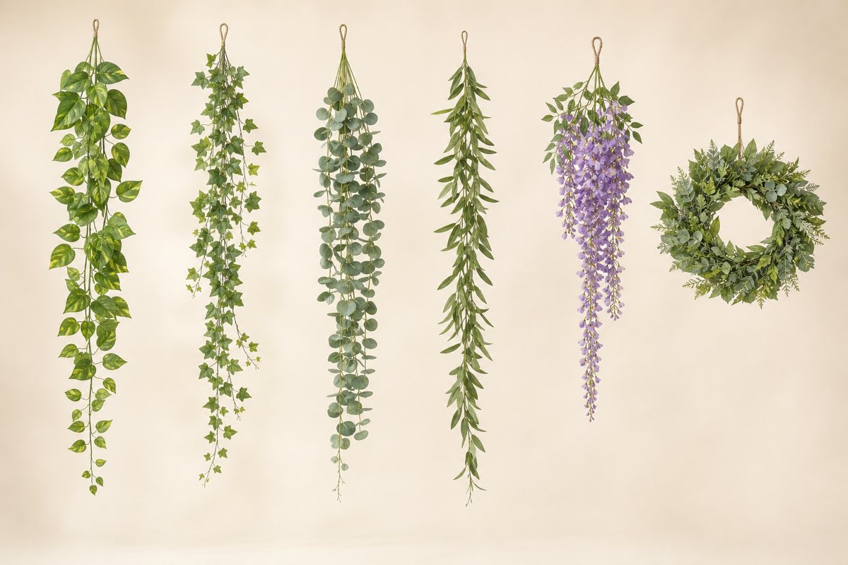 Artificial hanging vines and wreaths including pothos, ivy, eucalyptus, wisteria and mixed wreaths