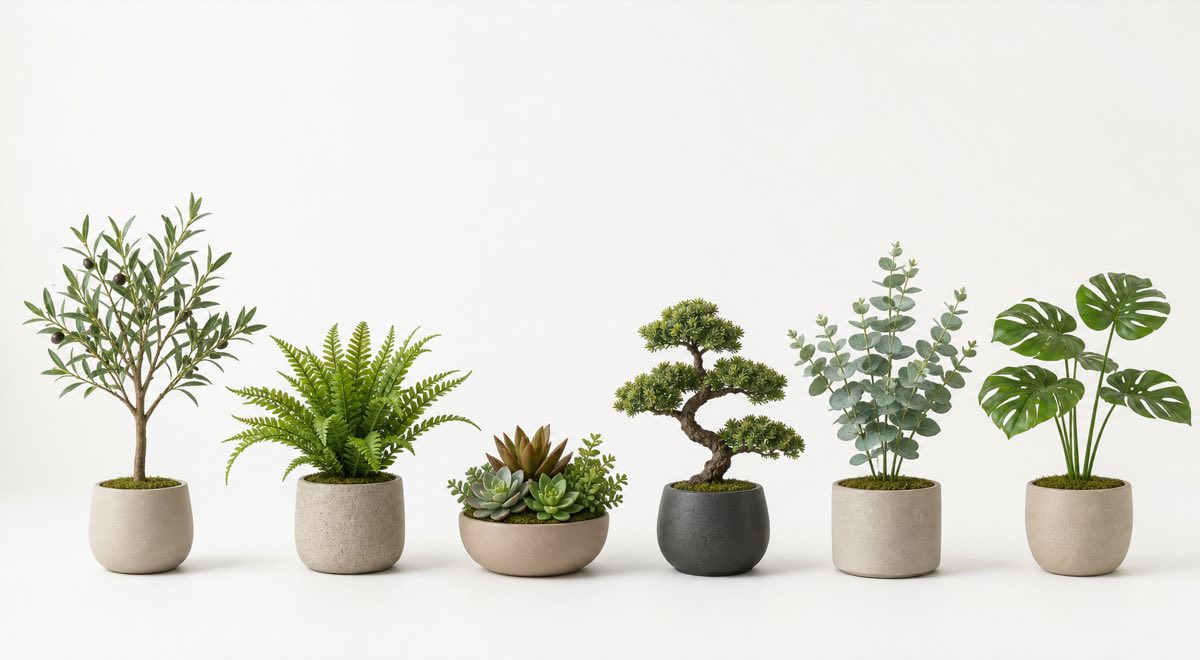 Small artificial desktop plant lineup including mini olive, fern, succulent, bonsai, eucalyptus and monstera