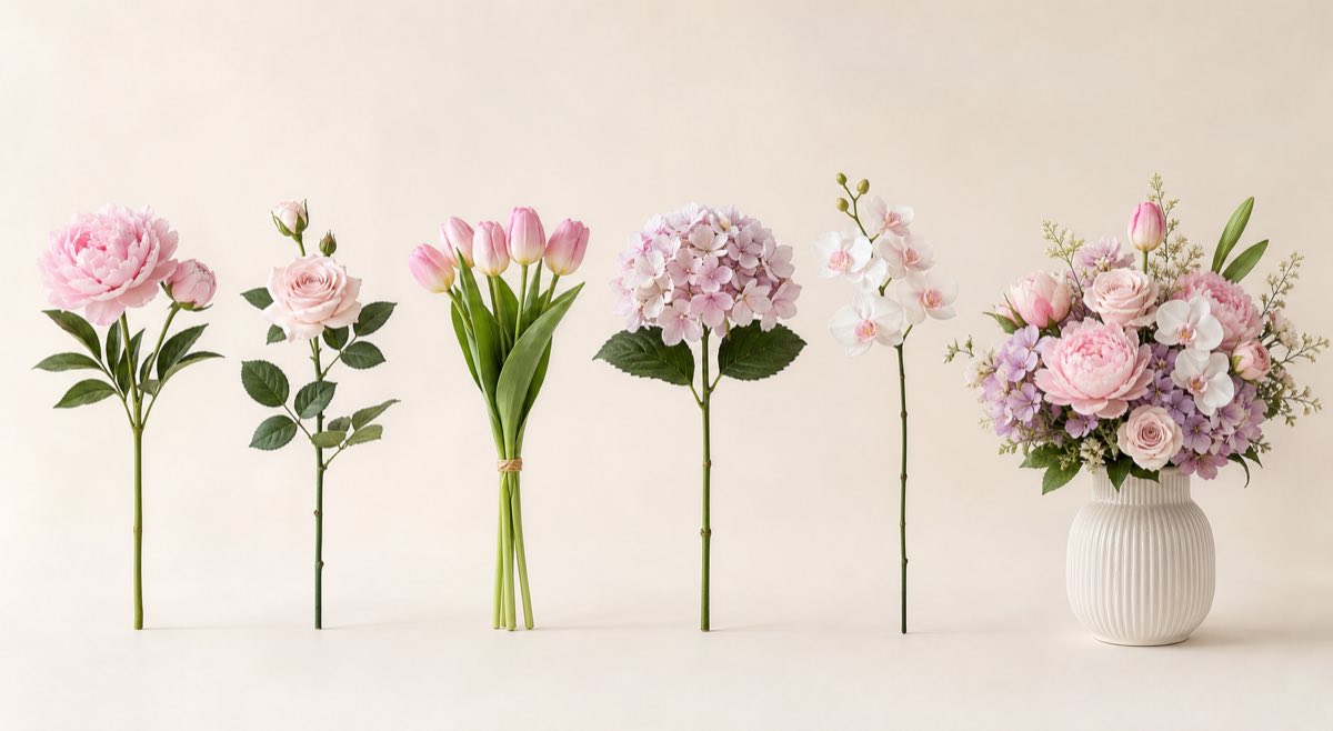 Real-touch artificial floral lineup including peony, rose, tulip, hydrangea and orchid