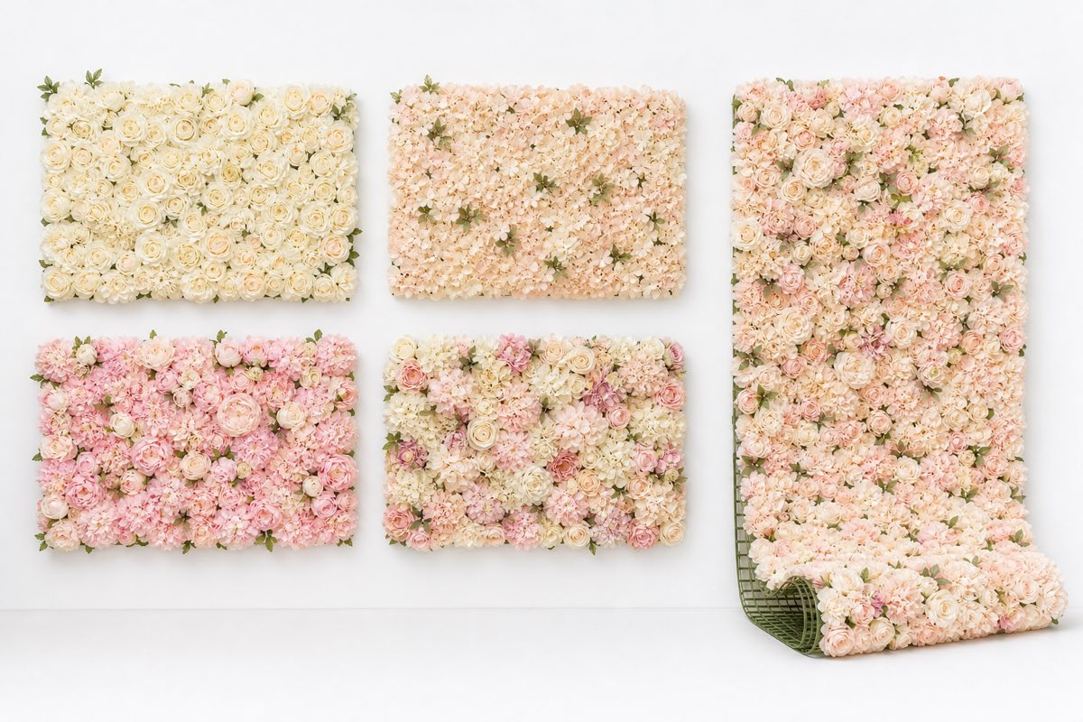 Artificial flower wall and backdrop lineup featuring rose, hydrangea, peony and mixed flower modules