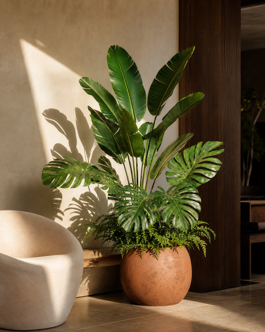 Healthy medium-scale artificial botanical arrangement in a bright hospitality interior