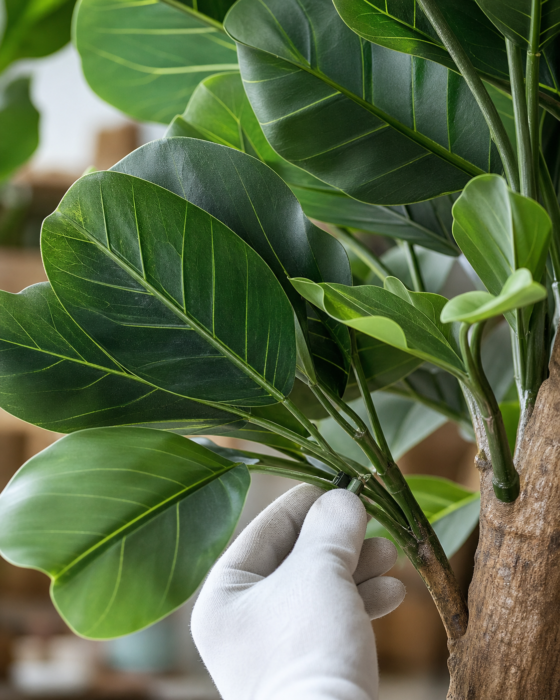 Inspector checking artificial leaf and branch construction