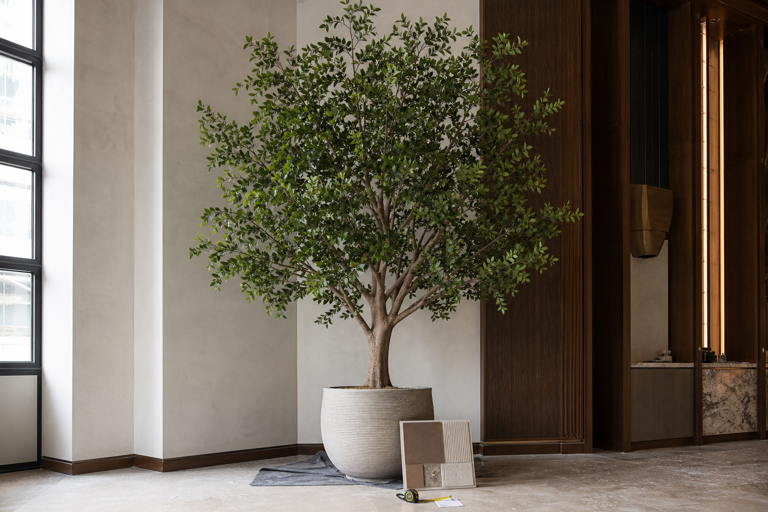 Large artificial ficus tree and finish samples during a hotel project review