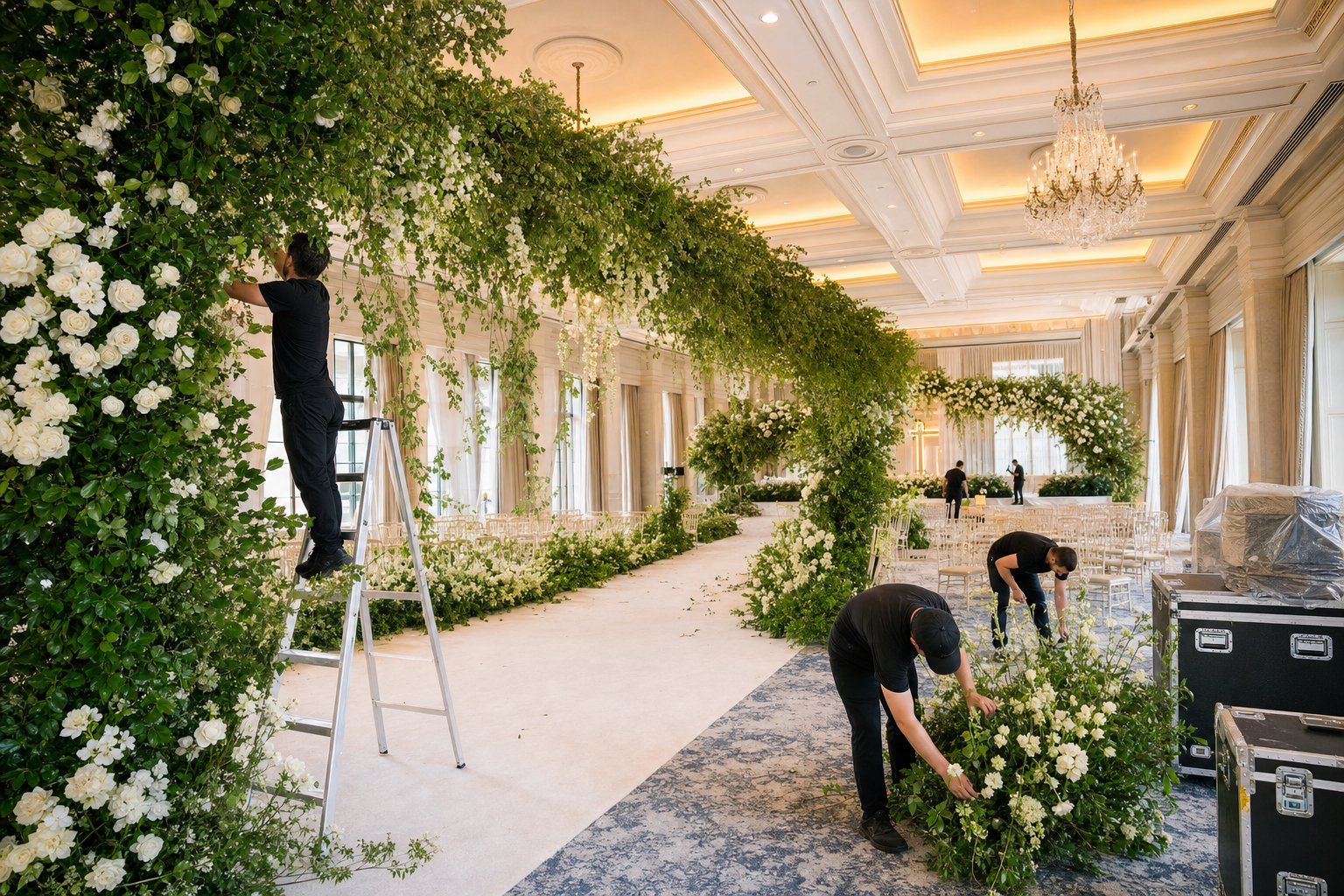 Crew installing a modular artificial greenery arch for a wedding aisle